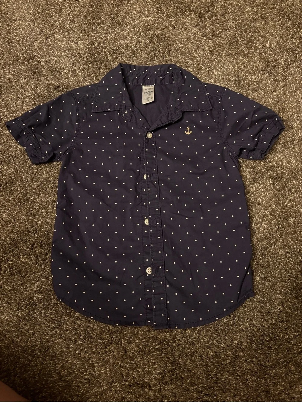 Carter's Navy Blue Short Sleeve Button-Down Shirt with White Polka Dots